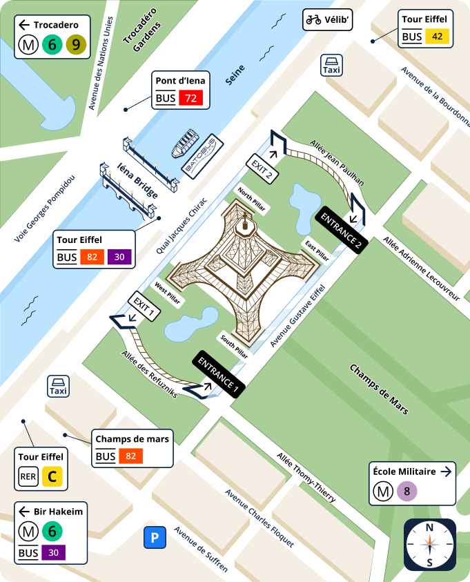 Map Eiffel Tower entrances